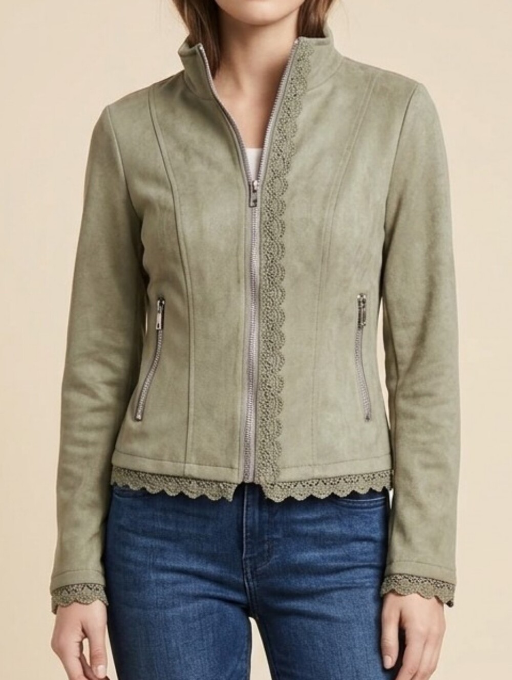 NWT Faux Suede Lace Trim Moto Jacket Army Green Sage Funnel Neck - Size XS